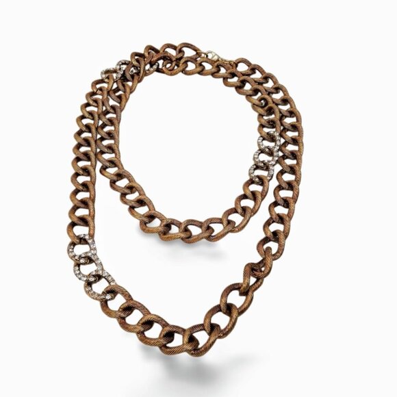 Crystal Accented Antique Gold Tone Chunky Heavy Curb Link Chain Necklace  JW1546 - Picture 2 of 5